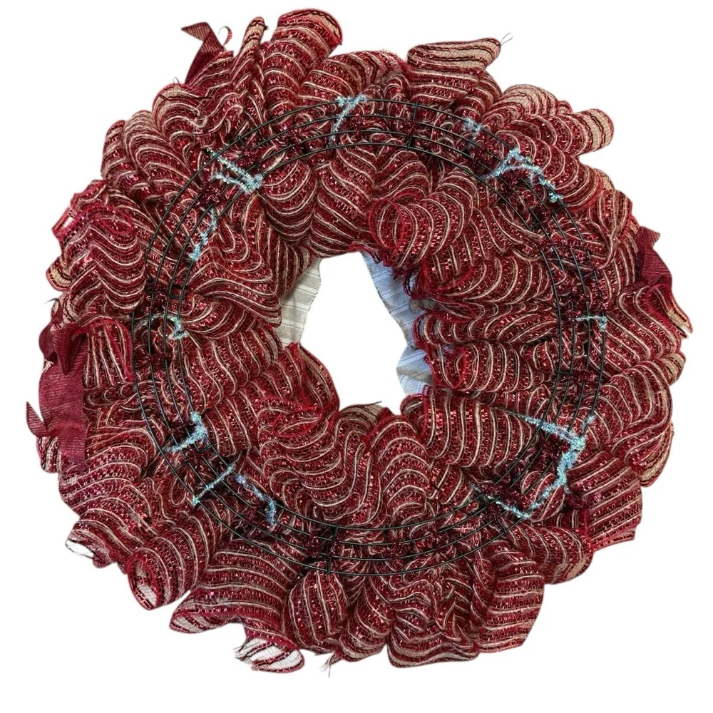 Red & Gold Snowflake Deco Mesh Wreath Rustic Christmas Decor 22 inch Handmade